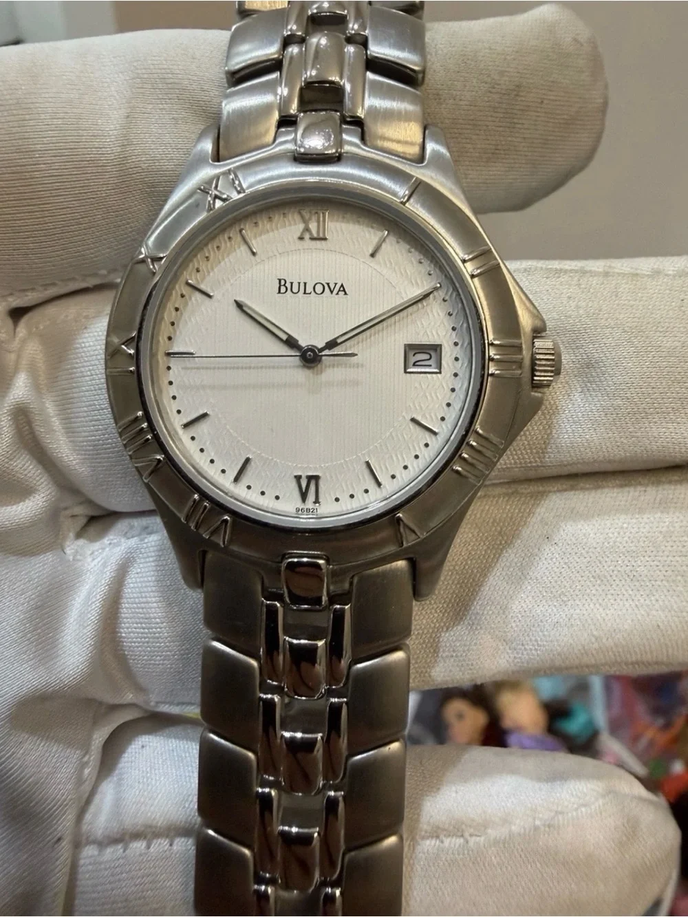 Bulova 96B21 Men's Watch Stainless Steel Silver White Pinstripe Roman Date New